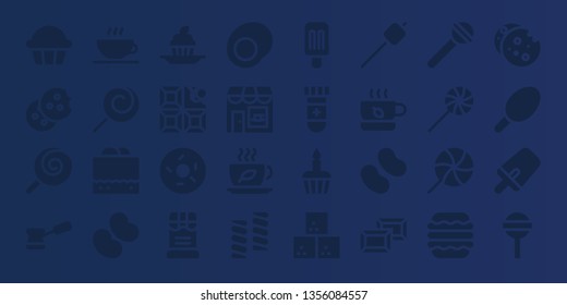 sugar icon set. 32 filled sugar icons. on blue background style Collection Of - Cupcake, Cookie, Lollipop, Coffee, Coffee shop, Chocolate fudge, Jelly beans, Chocolate, Doughnut