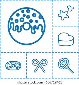 Sugar icon. set of 6 sugar outline icons such as donut, lollipop, heart cake, candy cane
