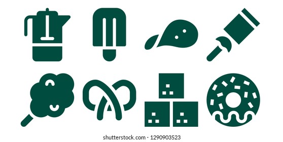  sugar icon set. 8 filled sugar icons. Simple modern icons about  - Cotton candy, French press, Pretzel, Popsicle, Sugar cube, Snack, Donut, Candy