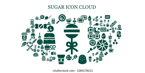  sugar icon set. 93 filled sugar icons. Simple modern icons about  - Lollipop, Custard, Latte, Chocolate, Caramelized apple, Gumdrop, Cookie, Coffee, Popsicle, Jelly, Cotton candy