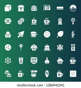 sugar icon set. Collection of 36 filled sugar icons included Biscuit, Tea, Icecream, Wax, Bonbon, Cupcake, Cookies, Coffee, Cube, Chocolate, Dessert, Lollipop, Latte, Cotton candy