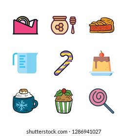 sugar icon set. vector set about measuring cup, pie, lollipop and candy cane icons set.