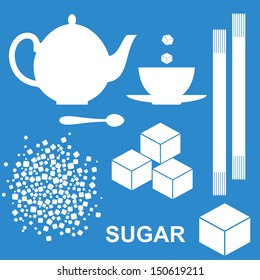 Sugar icon set. Vintage style vector. White sugar on blue background. Hot drink sign