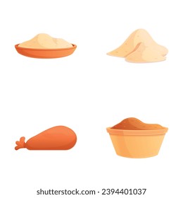 Los iconos de azúcar establecen el vector de dibujos animados. Azúcar blanco y marrón en bolso de lona y tazón. Comida, ingrediente dulce