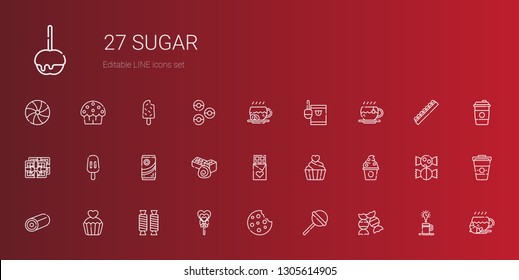 sugar icons set. Collection of sugar with candy, lollipop, cookie, sweet, cupcake, frozen yogurt, chocolate, popsicle, tea, coffee, donuts. Editable and scalable sugar icons.