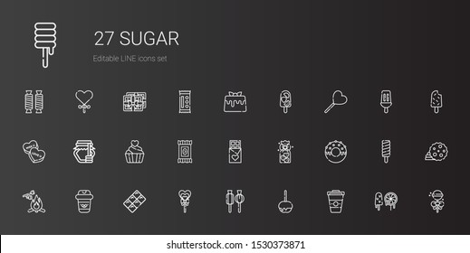sugar icons set. Collection of sugar with coffee, caramelized apple, lollipop, chocolate, marshmallow, donut, cookies, candy, cupcake, honey. Editable and scalable sugar icons.