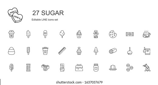 sugar icons set. Collection of sugar with gelatine, honey, caramel, chocolate, candy, popsicle, sweet, cupcake, coffee, cookie, cookies, frozen yogurt. Editable and scalable sugar icons.