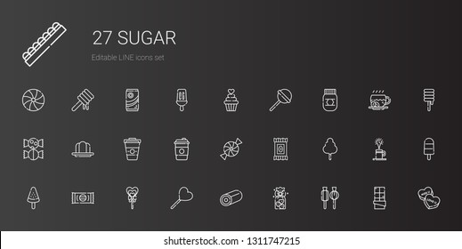 sugar icons set. Collection of sugar with lollipop, cookies, sweet, popsicle, cotton candy, candy, coffee, gelatine, honey, cupcake, chocolate. Editable and scalable sugar icons.