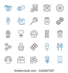 sugar icons set. Collection of sugar with popsicle, lollipop, candy, caramel, donut, chocolate, cupcake, donuts, coffee, cup cake, cookies. Editable and scalable sugar icons.