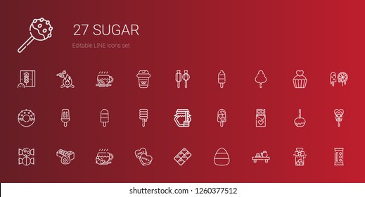 sugar icons set. Collection of sugar with tea, candy, chocolate, coffee, sweet, popsicle, honey, donut, cotton candy, lollipop, cookies, caramelized apple. Editable and scalable sugar icons.