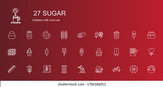 iconos de azúcar. Colección de azúcar con té, café, malvavisco, caramelos, harina de trigo, langostino, chocolate, palomitas, quequitos, dulces, yogur congelado. Iconos de azúcar modificables y escalables.