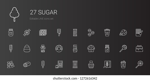 sugar icons set. Collection of sugar with wheat flour, cupcake, candy, coffee, popsicle, sweet, chocolate, cup cake, donut, cookies, donuts. Editable and scalable sugar icons.