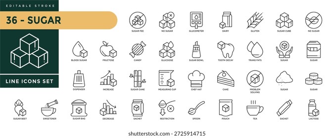 Sugar of icons set with editable stroke, including glucometer, fructose, sweetener, sachet, rectriction, spoon, pouch, tea, cake, cane, candy, trans fats, dairy, glute. Thin linear vector illustration