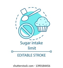 Sugar intake limit concept icon. Desserts ban. Unhealthy food restriction. Diet with low amount of sweets. Diabetic menu idea thin line illustration. Vector isolated outline drawing. Editable stroke