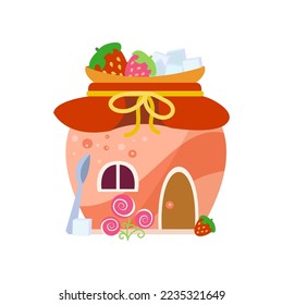 Sugar jar house cartoon illustration. Sweet fairy tale jar castle isolated on white background. Fantasy, elements for computer game concept