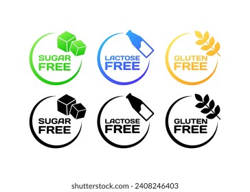 Sugar, Lactose, Gluten free icons. Flat, color, icons of sugar cubes, milk bottles, wheat, free icons. Vector icons