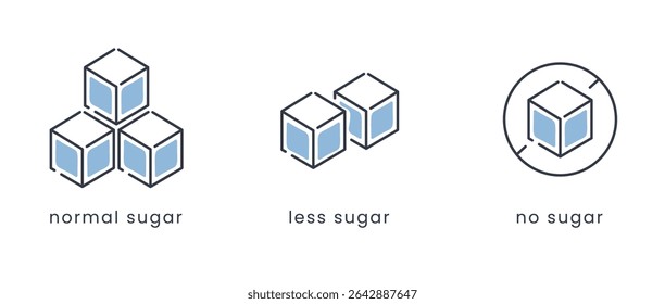 Sugar Level Icons: Normal, Less, and No Sugar. Sugar Intake Indicator Icons for Food Packaging. Minimalist Flat Icons for Sugar Content Labels.