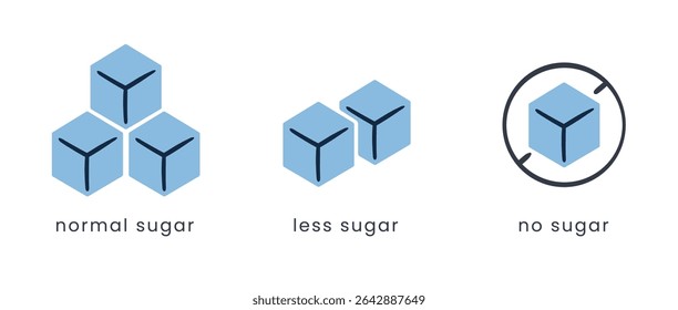 Sugar Level Icons: Normal, Less, and No Sugar. Sugar Intake Indicator Icons for Food Packaging. Minimalist Flat Icons for Sugar Content Labels.