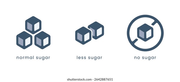 Sugar Level Icons: Normal, Less, and No Sugar. Sugar Intake Indicator Icons for Food Packaging. Minimalist Flat Icons for Sugar Content Labels.