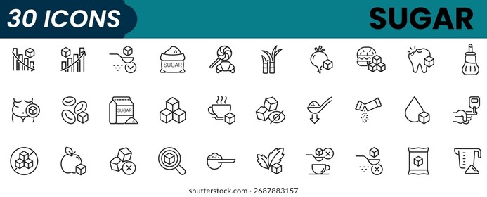 Línea de azúcar Conjunto de iconos editables. Ilustración vectorial en estilo de línea delgada moderna de glucosa, stevia, dulces y más. Aislado sobre fondo transparente.