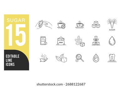 Línea de azúcar Conjunto de iconos editables. Ilustración vectorial en estilo de línea delgada moderna de glucosa, stevia, dulces y más. Aislado sobre fondo transparente.
