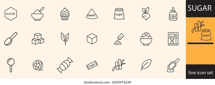 Línea de azúcar Conjunto de iconos editables. estilo de línea de glucosa, stevia, dulces y más. Aislado sobre fondo transparente.