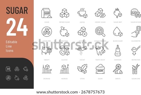 Sugar line Editable Icons set. Vector illustration in modern thin line style of glucose, stevia, sweets, and more. Isolated on transparent background.