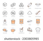 Sugar line icon set. Sweetener, powder, glucose, pouch, sachet, soluble, pack, coffee minimal vector illustration. Simple outline sign for sweet ingredients. Orange color. Editable Stroke
