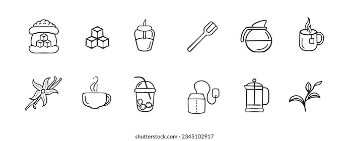 Sugar line icon. Tea, kettle, coffee, latte, cup, cane, ice, drink. Vector black line icon on white background for Business