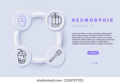 Icono de línea de azúcar. Té, cuchara, dulzura, café, café con leche, capuchino, hervidor de agua. Estilo neomorfista. Icono de línea de vector
