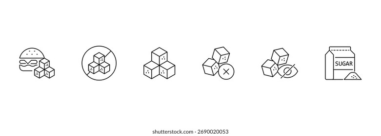 Conjunto de iconos de línea de azúcar. Ilustración vectorial en estilo de línea delgada moderna de glucosa, stevia, dulces y más. Ilustración vectorial.
