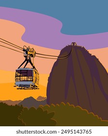 Pan de Azúcar con vista al teleférico. Río de Janeiro, Brasil. Vector gráfico, ilustración creada por el artista.