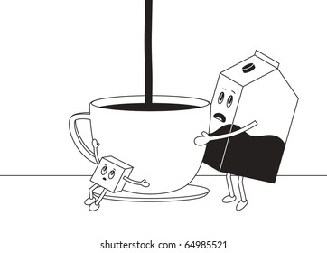 sugar lump and milk bottle is making cup of tea or coffee