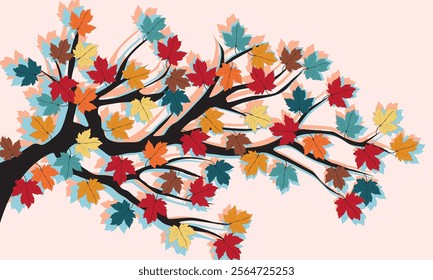 Sugar Maple Tree Branches Colorful LeavesWall Mural Interior Vector Illustration