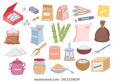 Sugar mega set in flat design. Bundle elements of cubes in box, sweet sand in packages, brown cane granulated product, sugarcane, scoops and bowls, other. Vector illustration isolated graphic objects