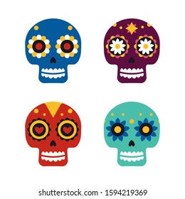 Sugar mexican skulls for Dia De Los Muertos holiday party. Traditional mexican Halloween design for Day of the dead. Ornament from Mexico.