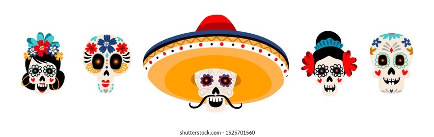 Sugar mexican skulls flat vector illustrations set. Skeleton heads with flowers isolated on white background. Skull with mustache in sombrero hat. Dia de los muertos holiday traditional decoration