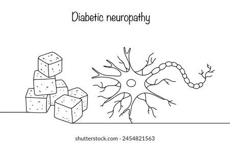 Sugar and neuron. Negative effects of excess glucose on the human nervous system. Diabetic neuropathy. Vector illustration for different uses.