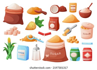 Sugar package. Organic vegetation cellulose packaging. Sugarcane and beet. Production in sticks. Sweet harvest. Heaps and cube pieces. Glucose product bags. Vector cartoon sweeteners set