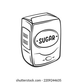 Sugar package outline icon vector illustration. Black line pack in paper wrapper with white powder or sand sugar for cooking dessert, food ingredient and grocery store or supermarket product