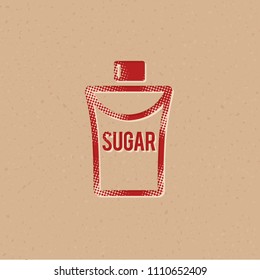 Sugar packaging icon with cross sign in halftone style. Grunge background vector illustration.