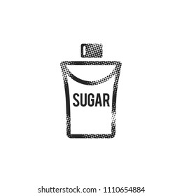 Sugar packaging icon with cross sign in halftone style. Black and white monochrome vector illustration.