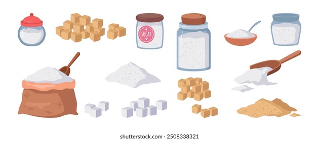 Sugar packets set. Vector isolated granulated crystalline substance in form of powder or cubes. Sugarcane or beets sucrose. Spoon and glassware bottles, sack and bowl for storing sweetener