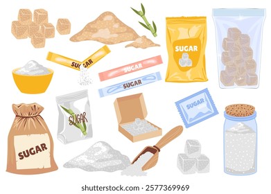 Sugar packs set in flat graphic design. Collection elements of natural brown and white sugar in powder and cubes, sweet sticks, bowl, scoop, bottle, bag, other storage packaging. Vector illustration.