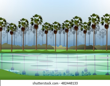 Sugar palm and swamp landscape graphic vector