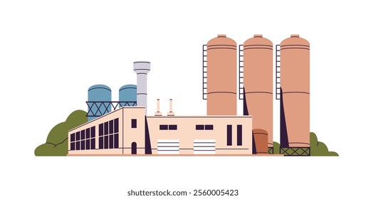 Sugar plant, chemical factory with cisterns, tanks, tubes. Production frame with storage bunkers. Manufacturing buildings of heavy, food industry. Flat isolated vector illustration on white background