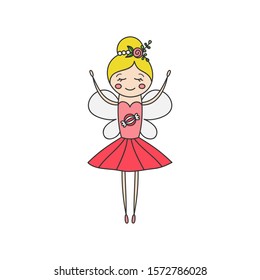 Sugar plum candy fairy character vector illustration. Hand drawn outlined classic ballet nutcracker story. Isolated.