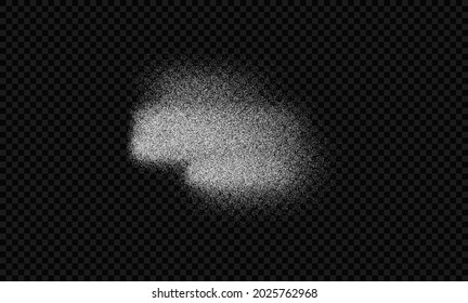 Sugar powder, salt vector texture isolated on black transparent background. White sugar particles. Vector flour illustration. Snow isolated on black. Stain texture.