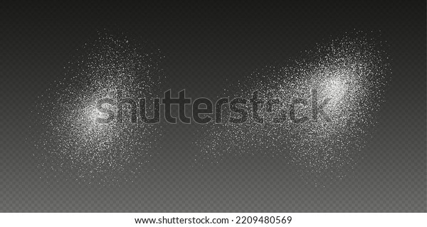 Sugar powder splash, flying salt, baking\
flour top view. White powder isolated on a transparent background.\
Vector illustration.