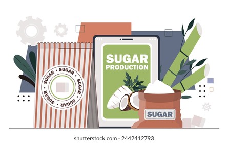 Sugar production concept. Production of sweets from sugar cane. Dessert and delicacy. Coconut and white carrots. Unhealthy eating. Cartoon flat vector illustration isolated on white background